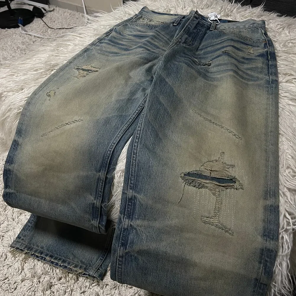 Vintage Faded Wash Distressed Ripped Wide-leg Baggy Denim Jeans Pants Blue sz 31 - Picture 5 of 16